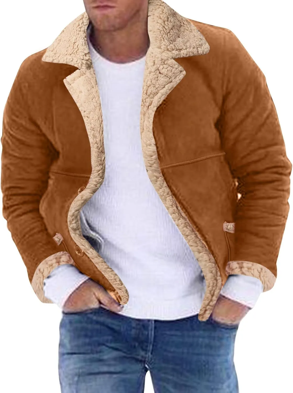 Mens Faux Leather Jacket Cozy Sherpa Fleece Lined Bomber Jackets Winter Coat Heavyweight Suede Faux Fur Trench Coat
