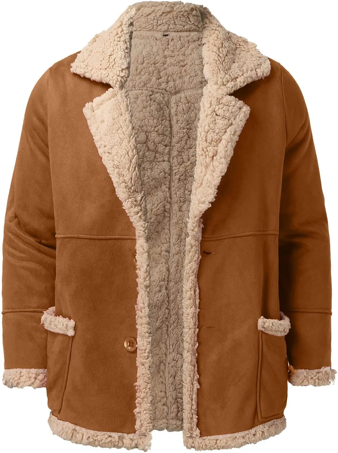 Mens Faux Leather Jacket Cozy Sherpa Fleece Lined Bomber Jackets Winter Coat Heavyweight Suede Faux Fur Trench Coat