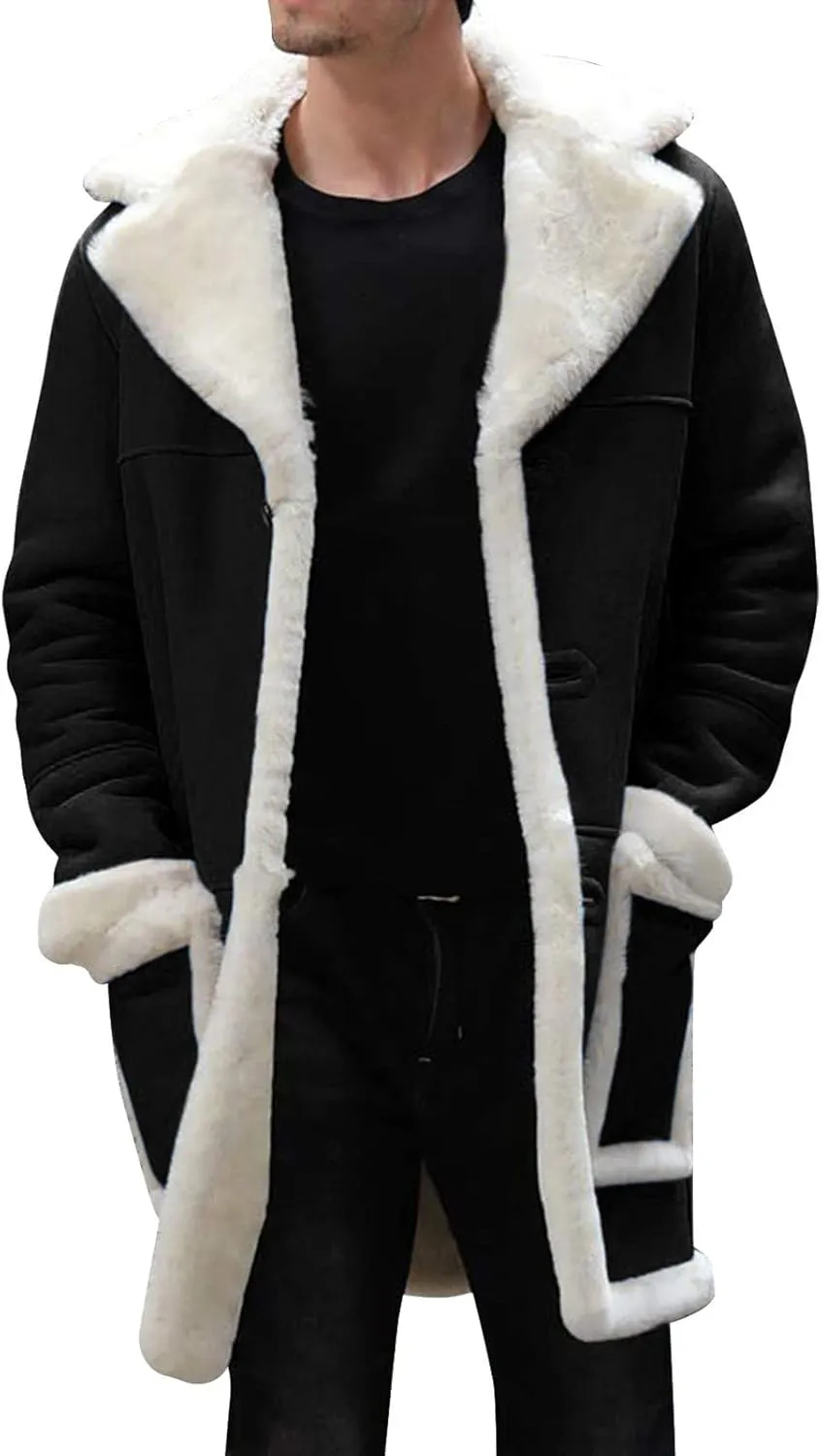 Mens Faux Leather Jacket Cozy Sherpa Fleece Lined Bomber Jackets Winter Coat Heavyweight Suede Faux Fur Trench Coat
