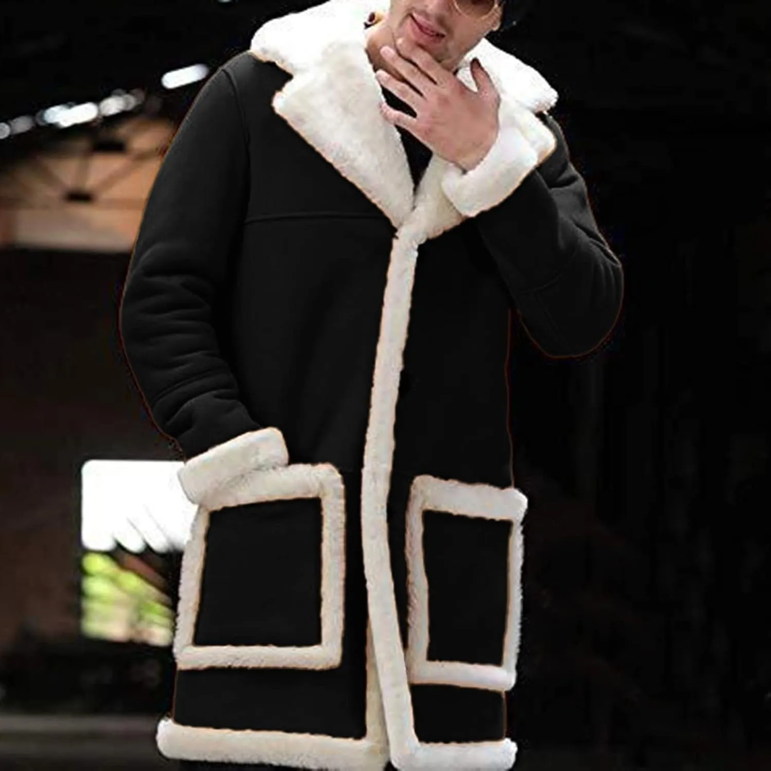 Mens Faux Leather Jacket Cozy Sherpa Fleece Lined Bomber Jackets Winter Coat Heavyweight Suede Faux Fur Trench Coat