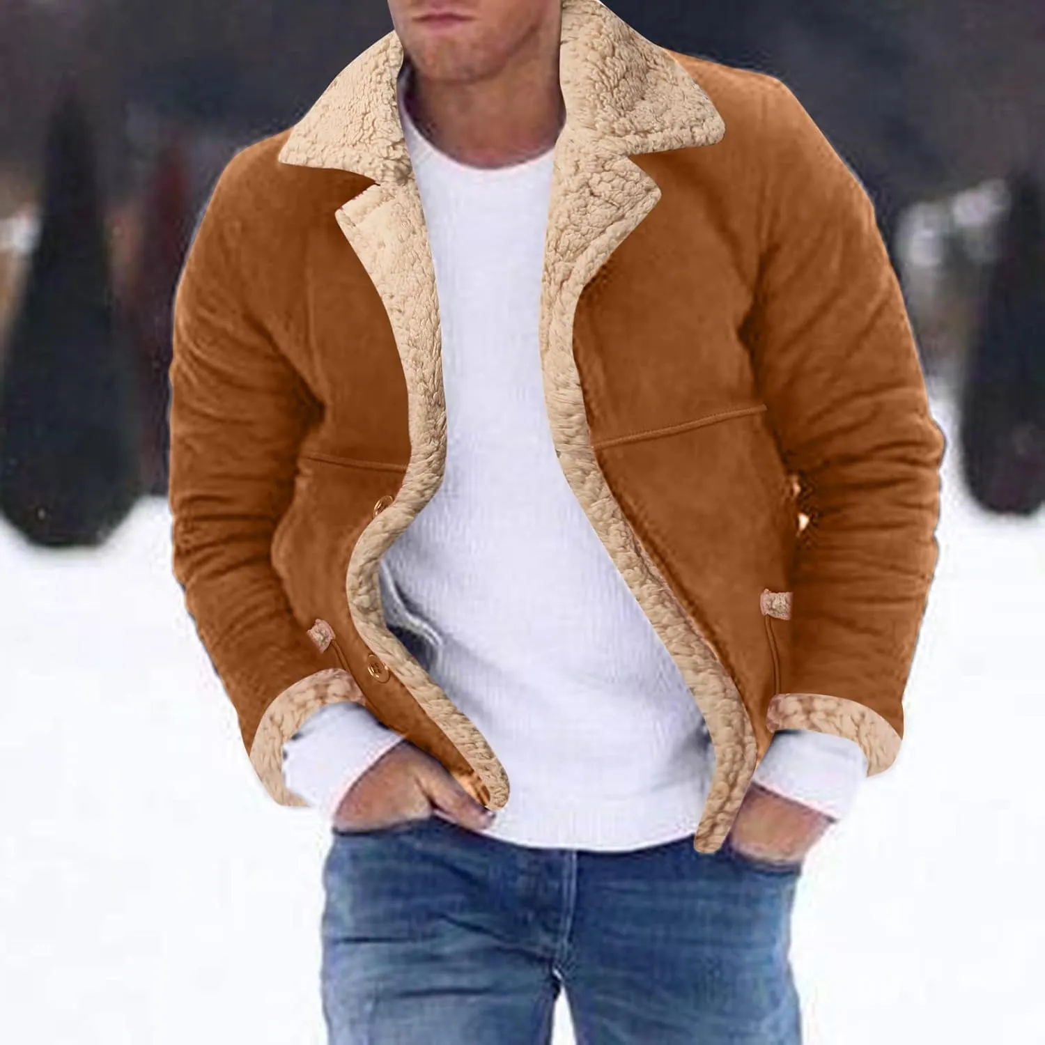 Mens Faux Leather Jacket Cozy Sherpa Fleece Lined Bomber Jackets Winter Coat Heavyweight Suede Faux Fur Trench Coat