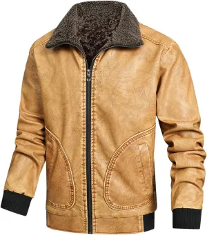 Mens Faux Leather Jacket, Mens Fall/Winter Thickening Coat Long Sleeve Zip Up Outwear Sports Lightweight Parka Jacket