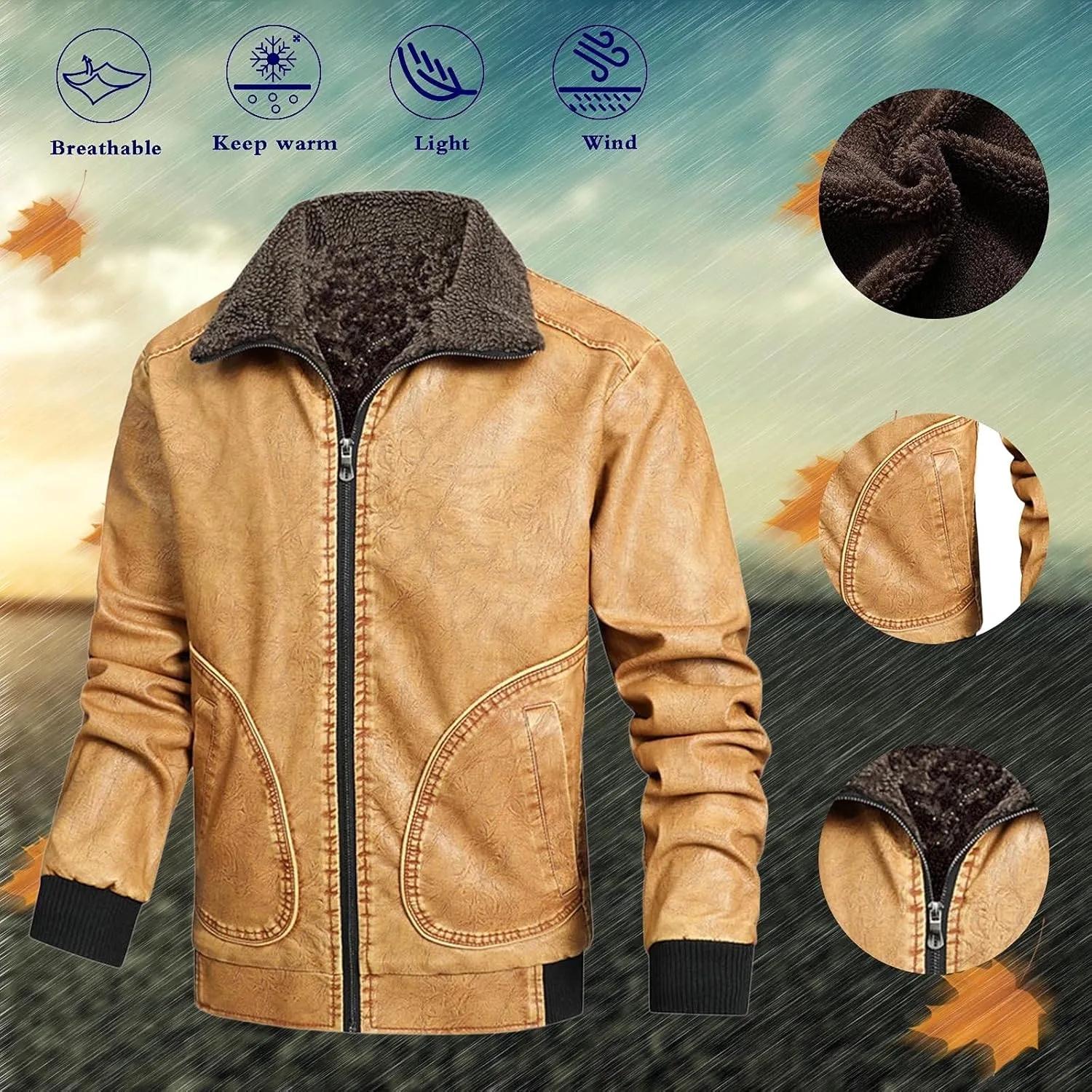 Mens Faux Leather Jacket, Mens Fall/Winter Thickening Coat Long Sleeve Zip Up Outwear Sports Lightweight Parka Jacket