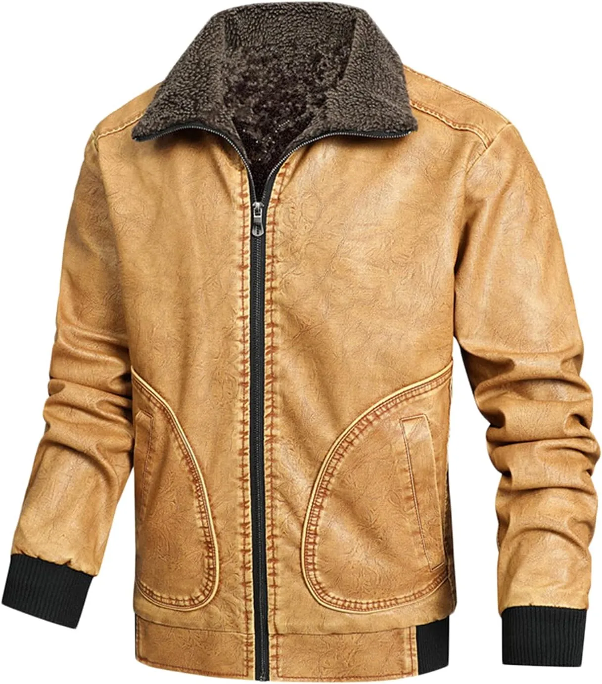 Mens Faux Leather Jacket, Mens Fall/Winter Thickening Coat Long Sleeve Zip Up Outwear Sports Lightweight Parka Jacket
