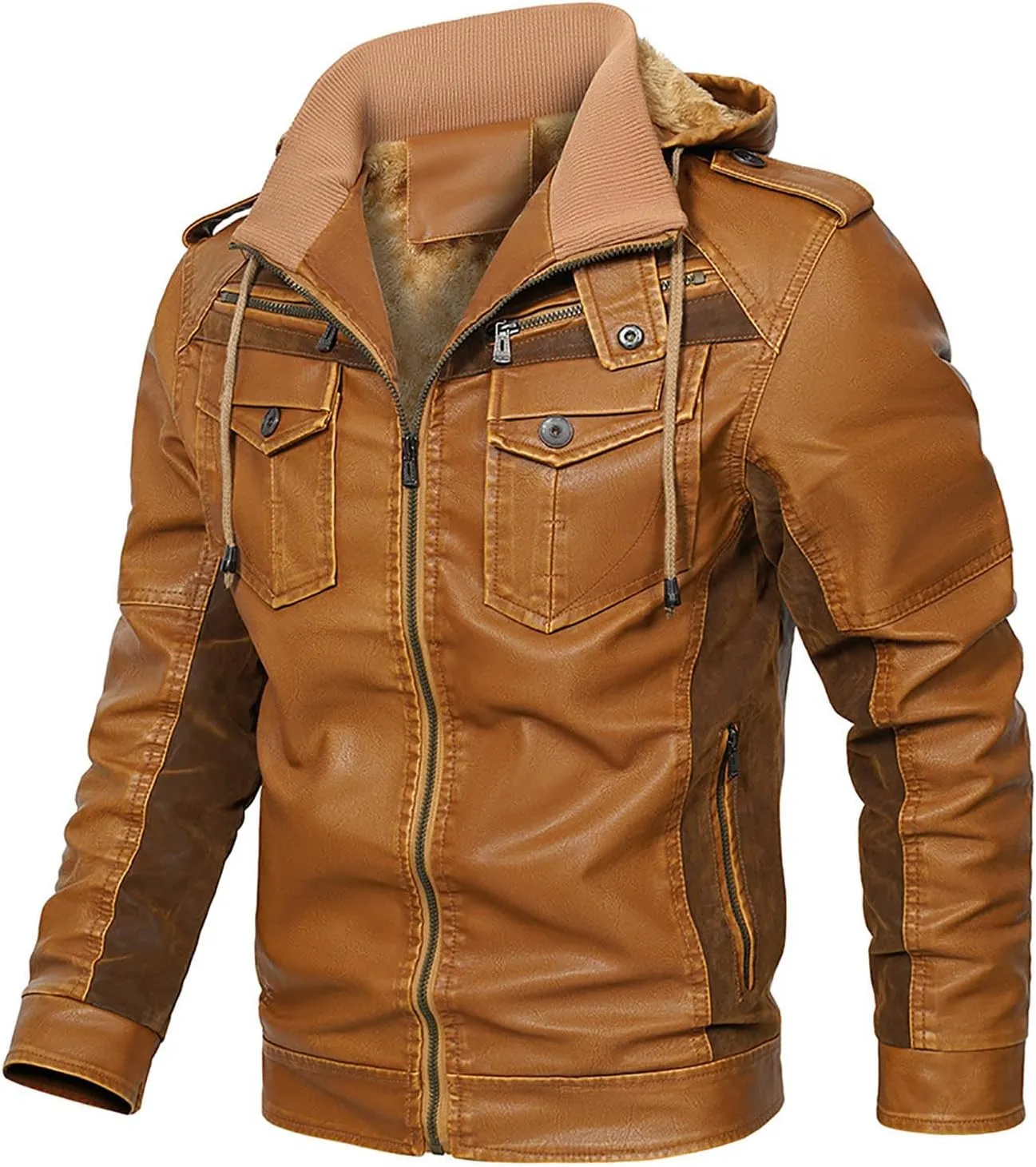 Men's Faux Leather Winter Coat Warm Fleece Lined Hooded Motorcycle Bomber Jacket PU Biker Hoodie Outerwear Coats