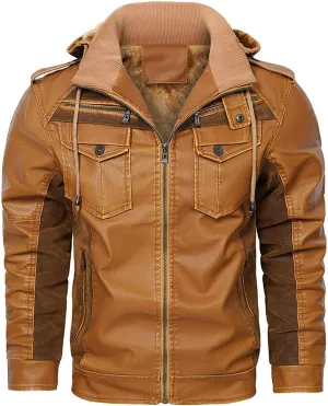 Men's Faux Leather Winter Coat Warm Fleece Lined Hooded Motorcycle Bomber Jacket PU Biker Hoodie Outerwear Coats