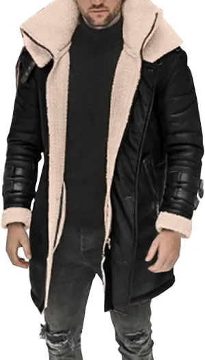 Men's Faux Shearling Midlength Overcoat Winter Thermal Sherpa Lined Long Jacket Fur Collar Suede Leather Trench Coat