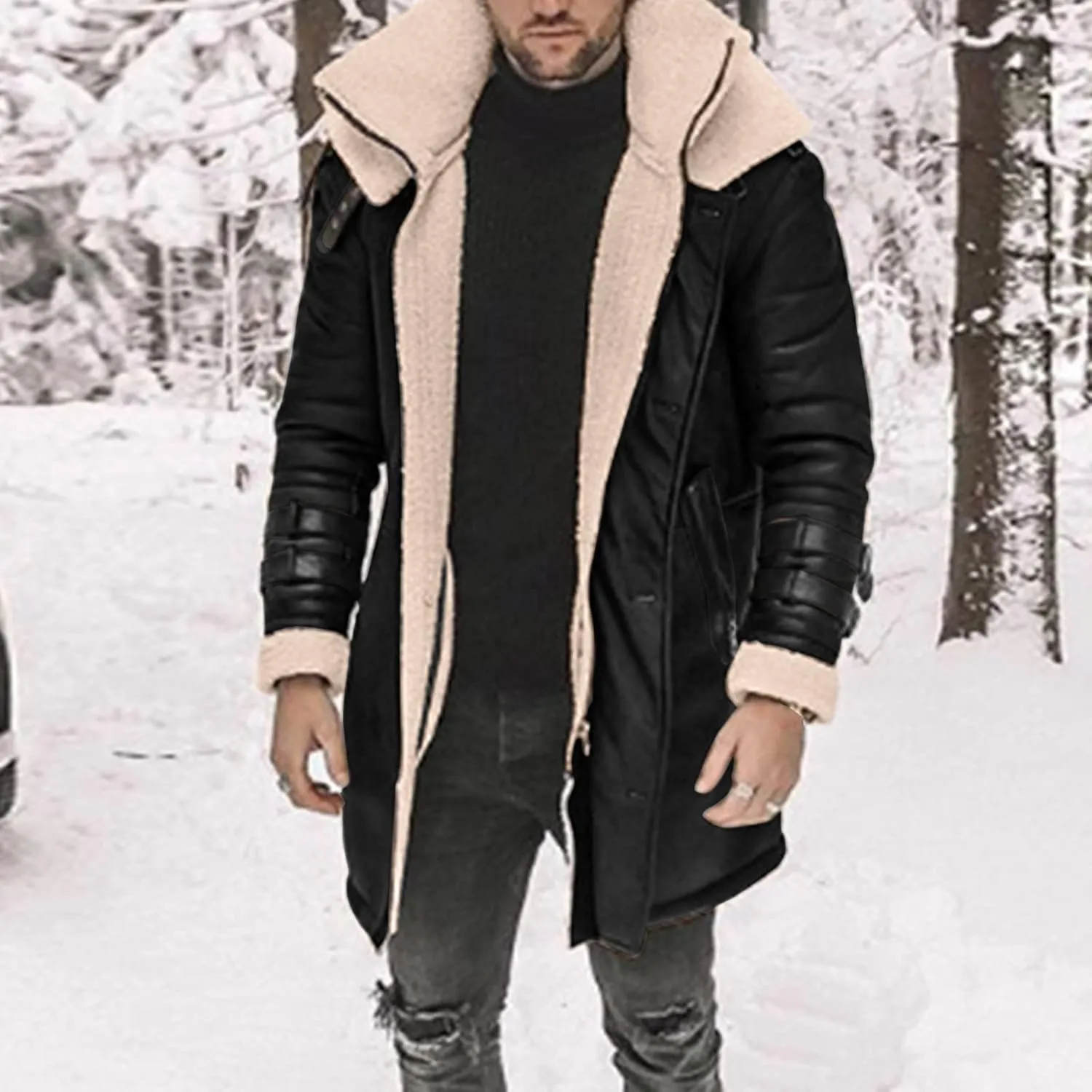 Men's Faux Shearling Midlength Overcoat Winter Thermal Sherpa Lined Long Jacket Fur Collar Suede Leather Trench Coat