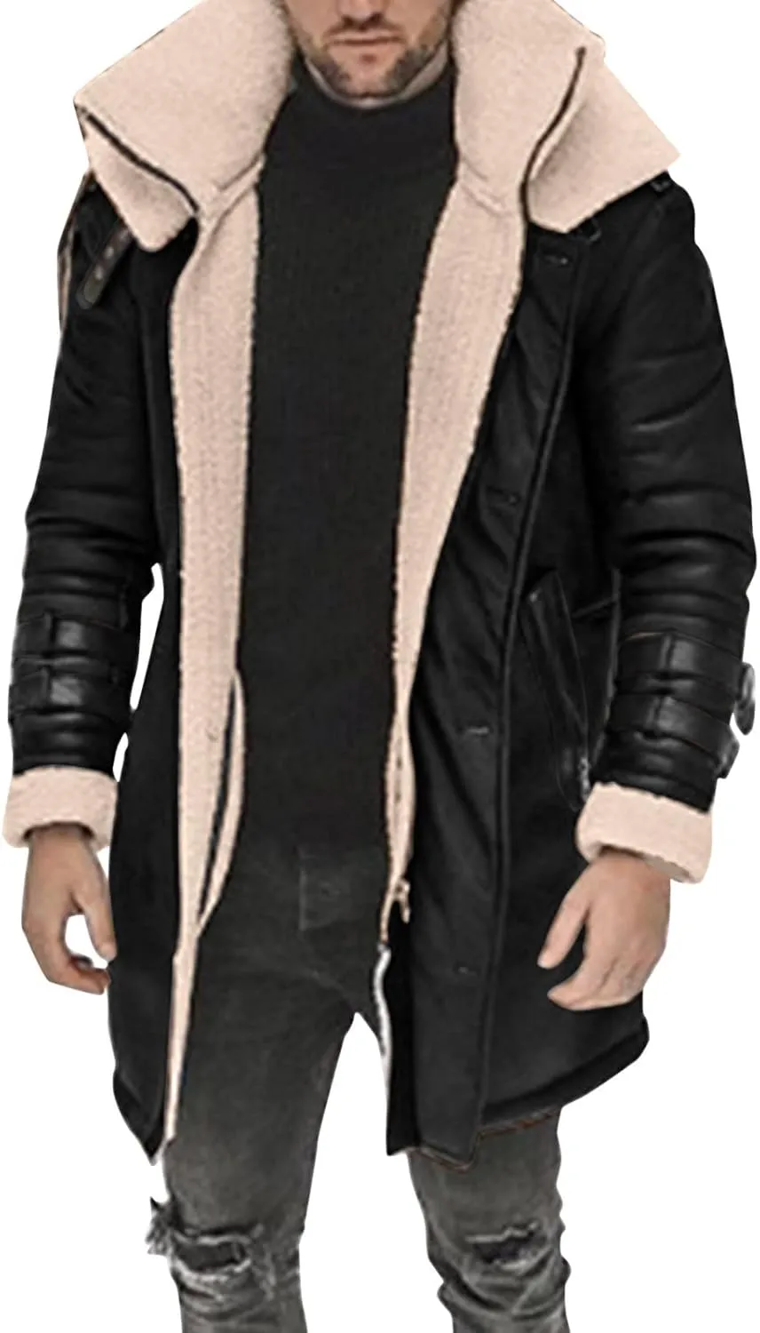 Men's Faux Shearling Midlength Overcoat Winter Thermal Sherpa Lined Long Jacket Fur Collar Suede Leather Trench Coat