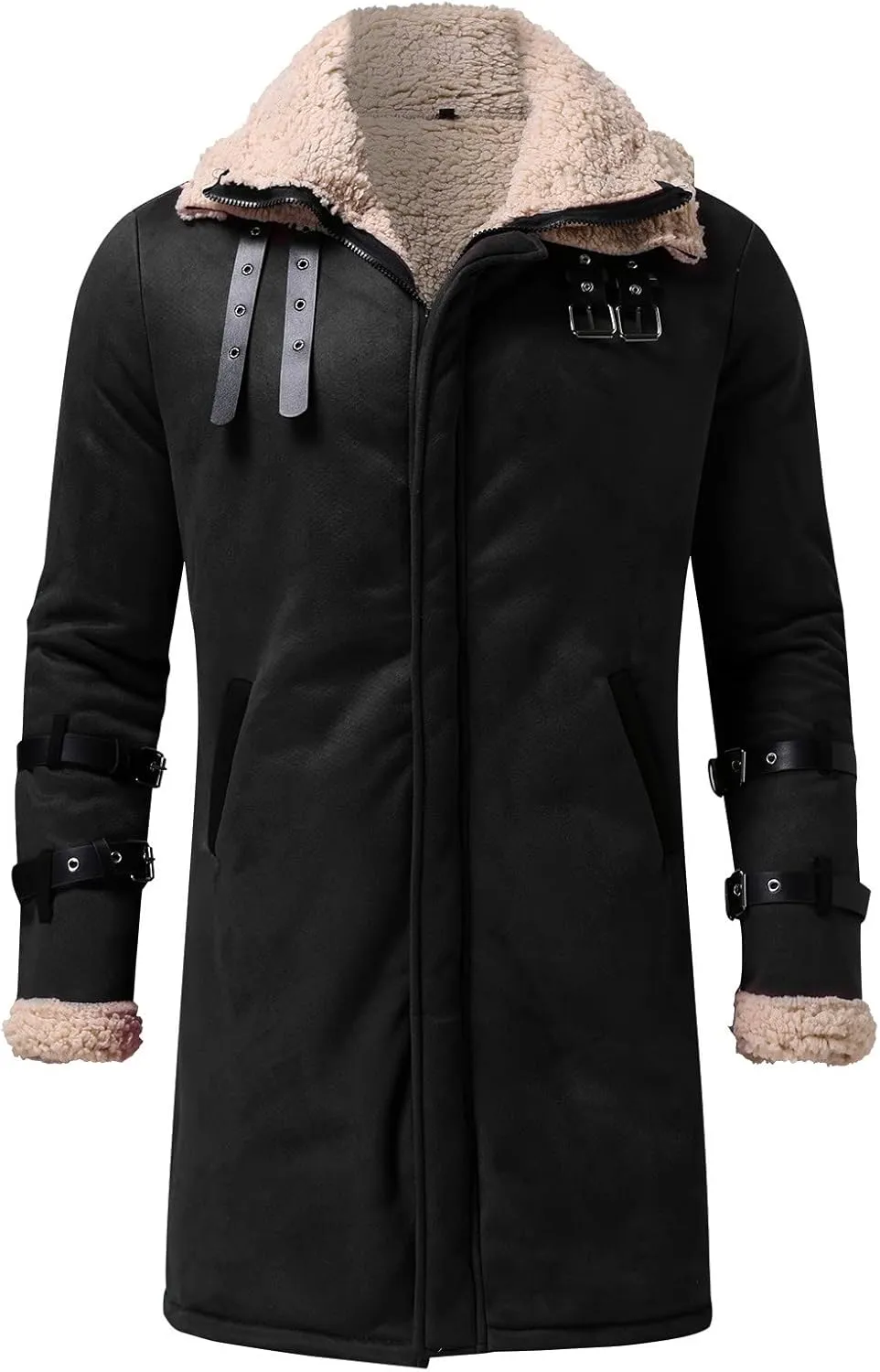 Men's Faux Shearling Midlength Overcoat Winter Thermal Sherpa Lined Long Jacket Fur Collar Suede Leather Trench Coat