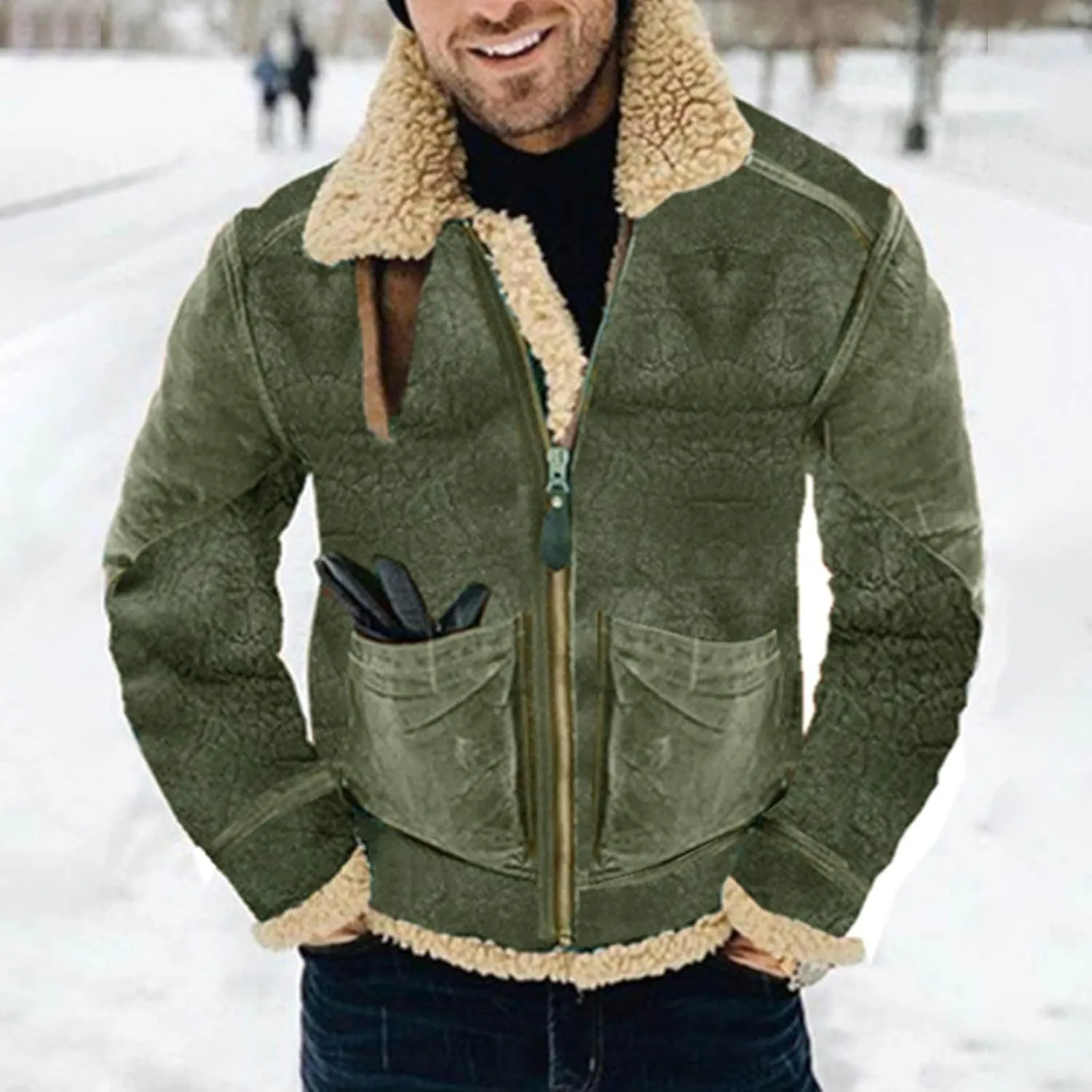 Mens Faux Suede Varsity Bomber Jacket Turn-Down Collar Zip Up Trucker Jackets Winter Warm Sherpa Lined Jacket Coats