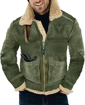 Mens Faux Suede Varsity Bomber Jacket Turn-Down Collar Zip Up Trucker Jackets Winter Warm Sherpa Lined Jacket Coats