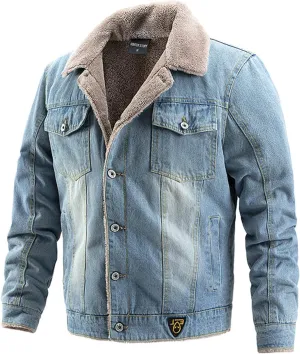 Mens Fleece Jacket Winter Sherpa Fleece Lined Denim Trucker Jackets Button Down Thick Warm Cotton Jean Coat Pockets