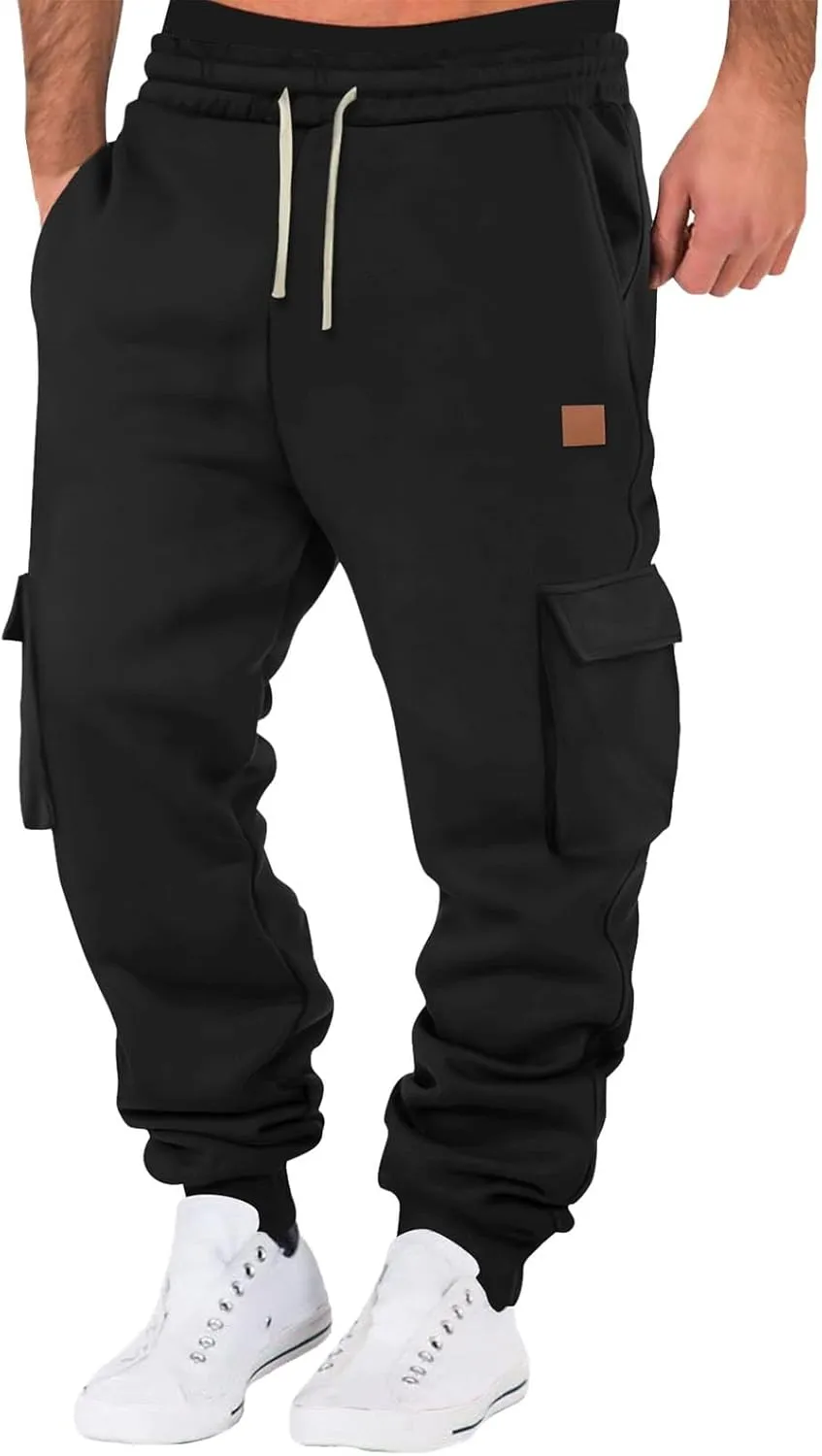 Mens Fleece Sweatpants Baggy Cargo Sweatpants with Pockets Elastic Waist Drawstring Joggers Trousers