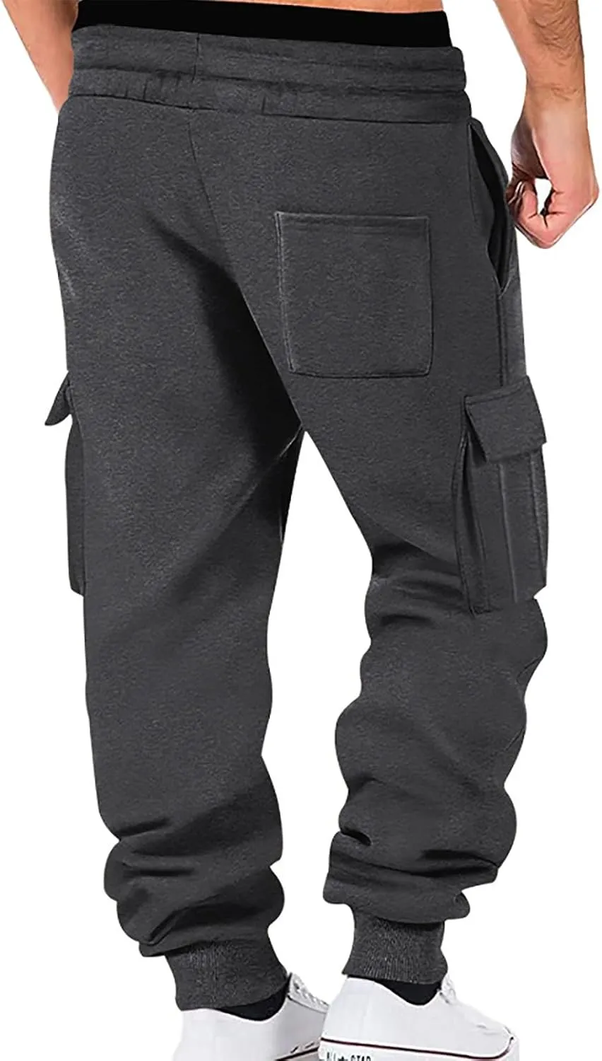 Mens Fleece Sweatpants Baggy Cargo Sweatpants with Pockets Elastic Waist Drawstring Joggers Trousers