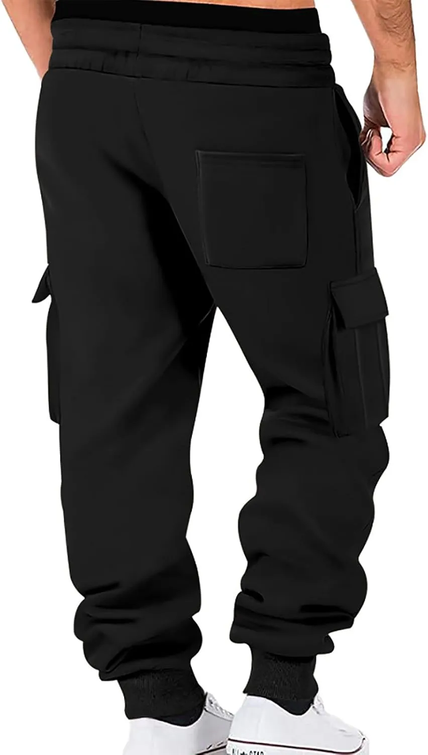 Mens Fleece Sweatpants Baggy Cargo Sweatpants with Pockets Elastic Waist Drawstring Joggers Trousers