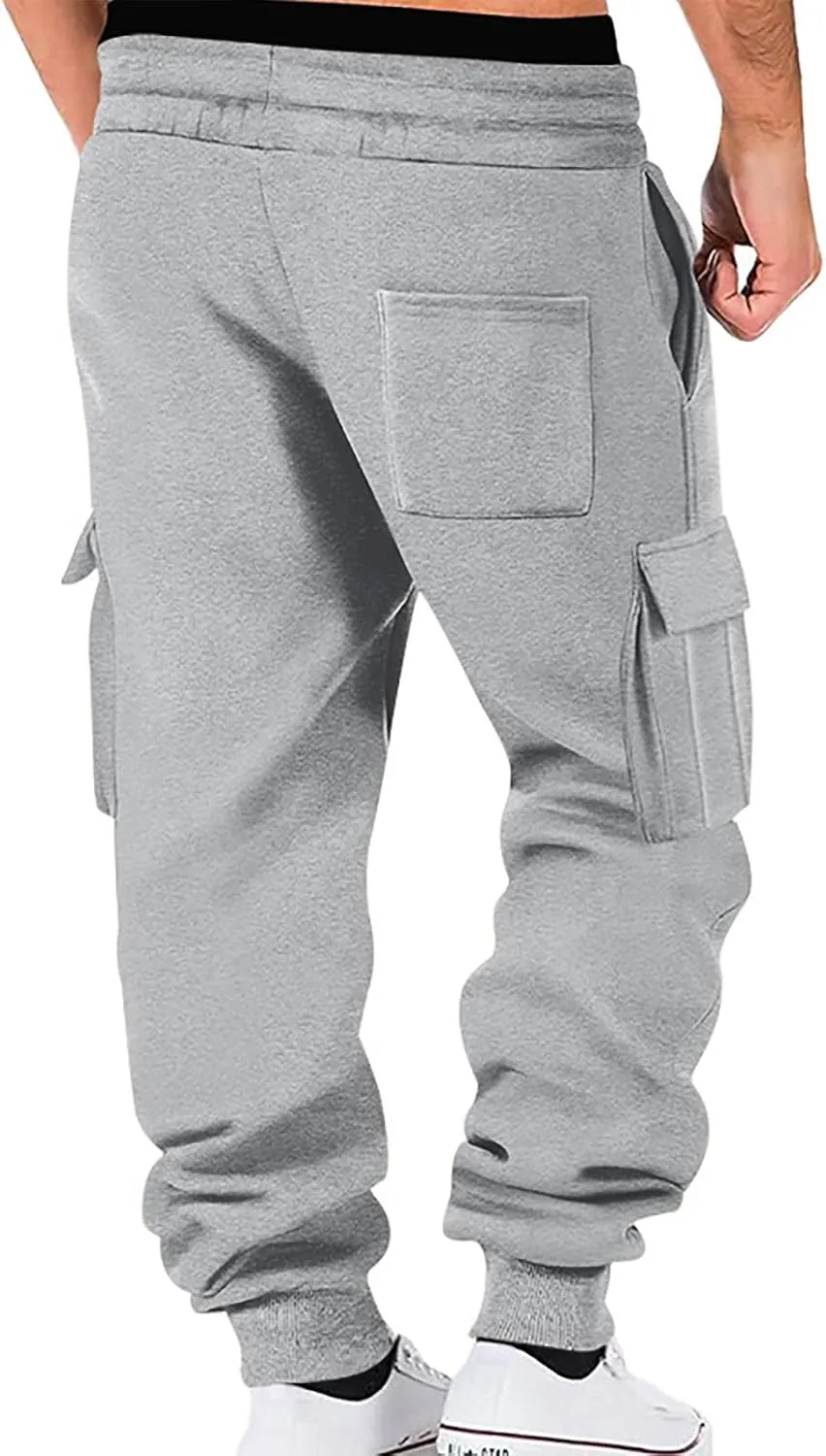 Mens Fleece Sweatpants Baggy Cargo Sweatpants with Pockets Elastic Waist Drawstring Joggers Trousers