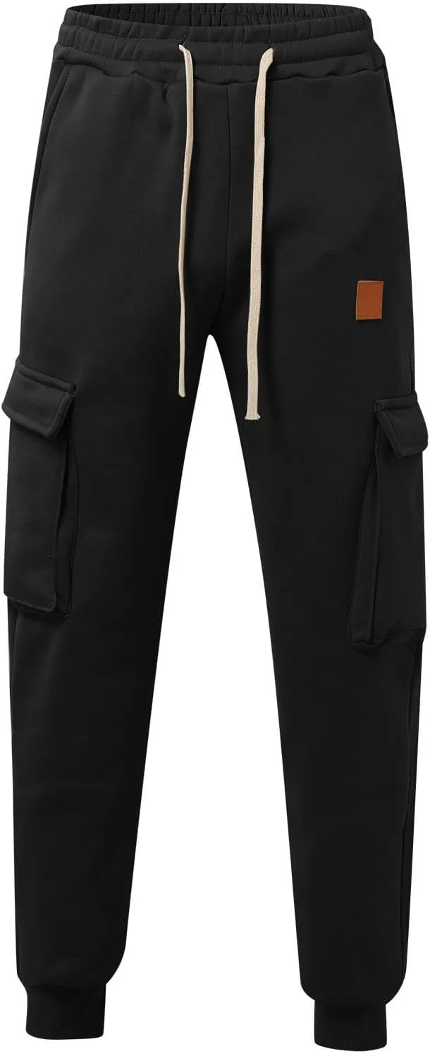 Mens Fleece Sweatpants Baggy Cargo Sweatpants with Pockets Elastic Waist Drawstring Joggers Trousers