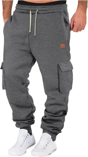 Mens Fleece Sweatpants Baggy Cargo Sweatpants with Pockets Elastic Waist Drawstring Joggers Trousers