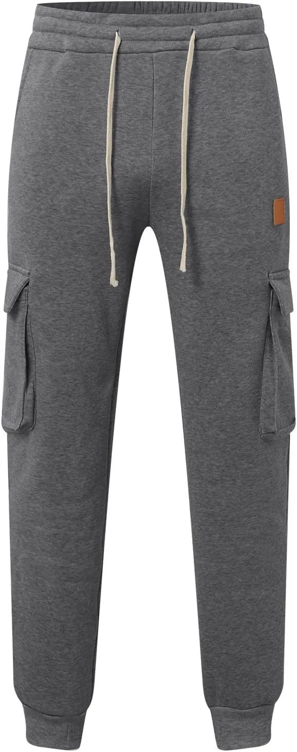 Mens Fleece Sweatpants Baggy Cargo Sweatpants with Pockets Elastic Waist Drawstring Joggers Trousers
