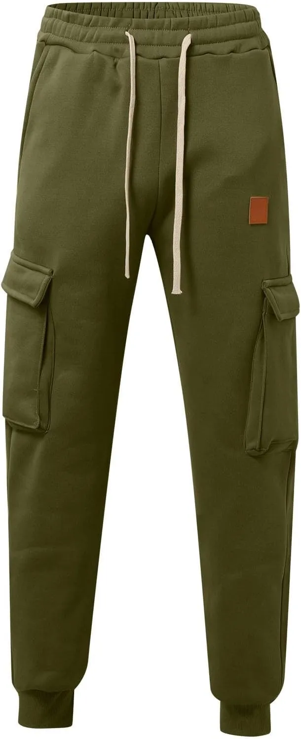 Mens Fleece Sweatpants Baggy Cargo Sweatpants with Pockets Elastic Waist Drawstring Joggers Trousers