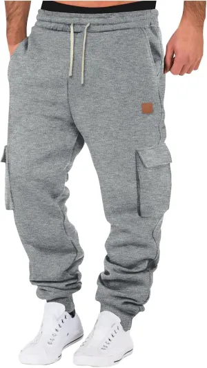 Mens Fleece Sweatpants Baggy Cargo Sweatpants with Pockets Elastic Waist Drawstring Joggers Trousers