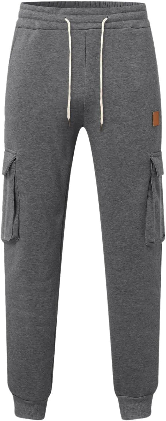 Mens Fleece Sweatpants Baggy Cargo Sweatpants with Pockets Elastic Waist Drawstring Joggers Trousers