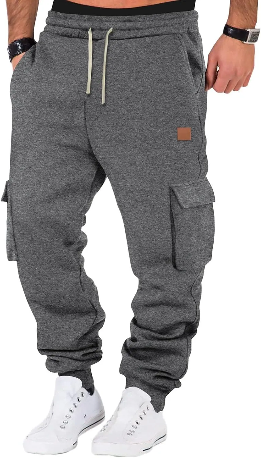 Mens Fleece Sweatpants Baggy Cargo Sweatpants with Pockets Elastic Waist Drawstring Joggers Trousers