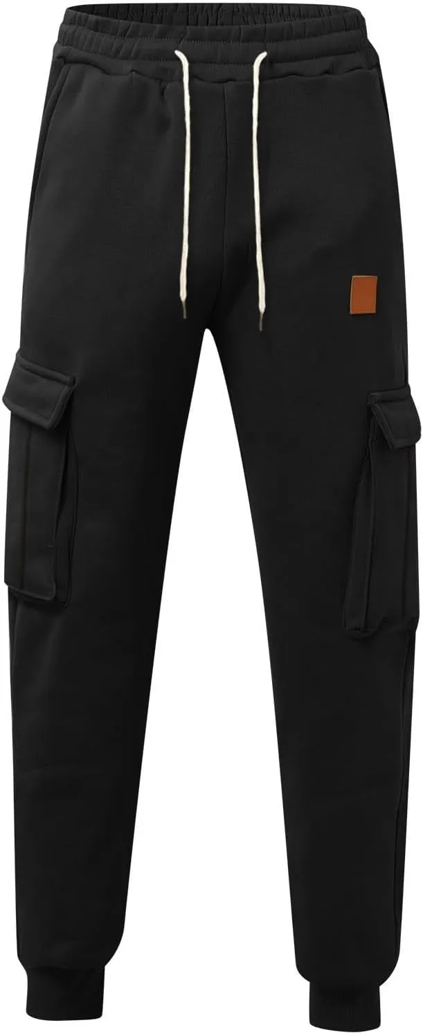 Mens Fleece Sweatpants Baggy Cargo Sweatpants with Pockets Elastic Waist Drawstring Joggers Trousers