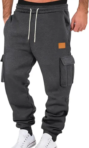 Mens Fleece Sweatpants Baggy Cargo Sweatpants with Pockets Elastic Waist Drawstring Joggers Trousers