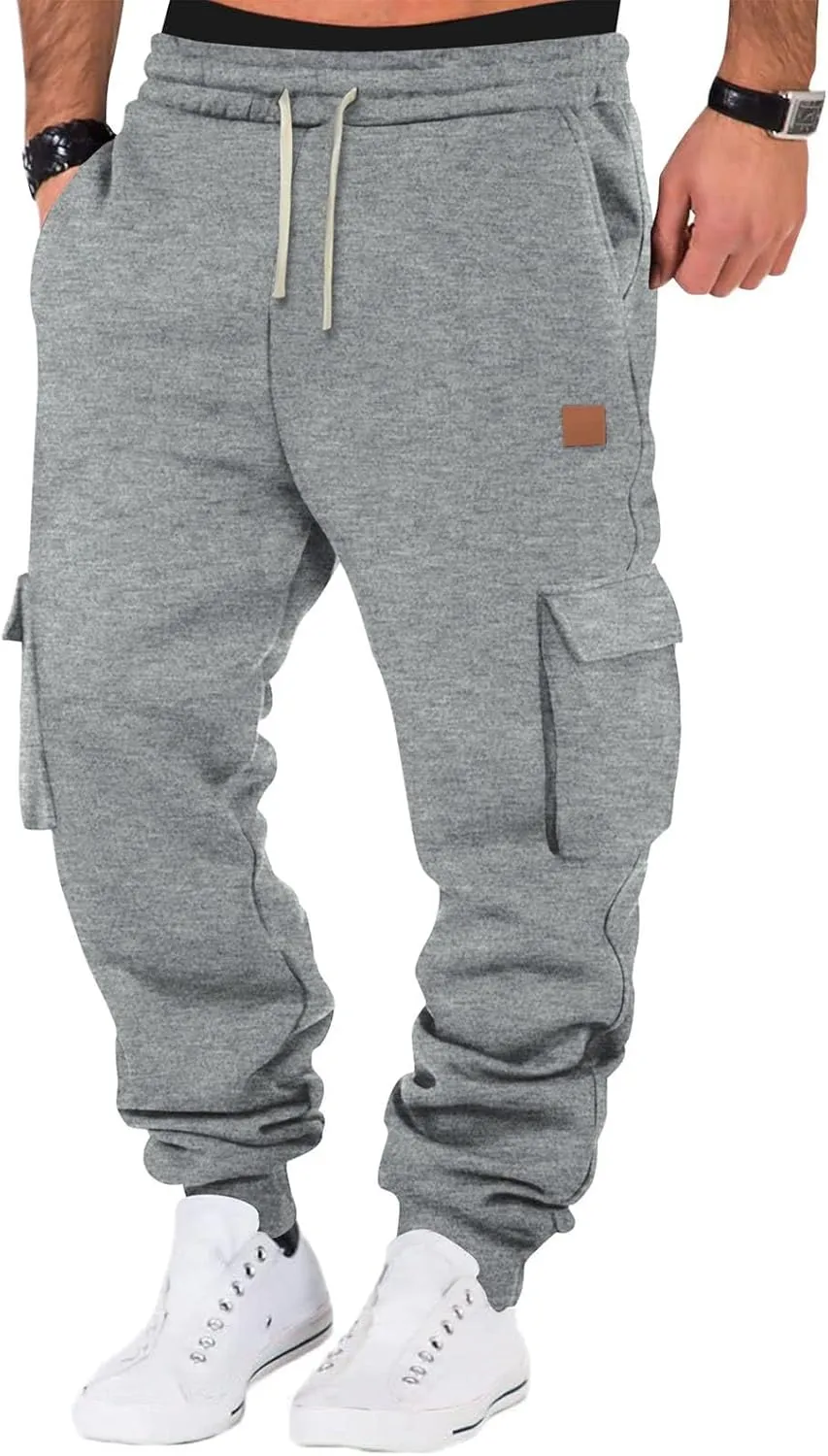 Mens Fleece Sweatpants Baggy Cargo Sweatpants with Pockets Elastic Waist Drawstring Joggers Trousers