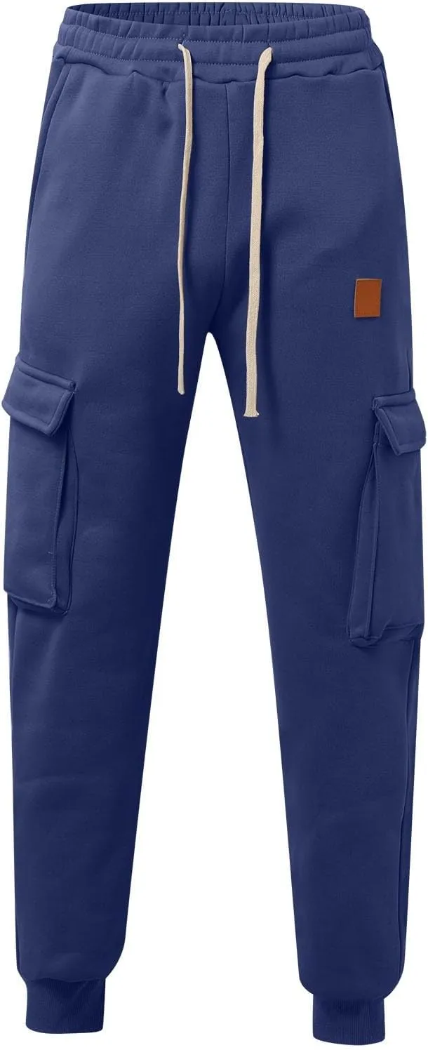 Mens Fleece Sweatpants Baggy Cargo Sweatpants with Pockets Elastic Waist Drawstring Joggers Trousers