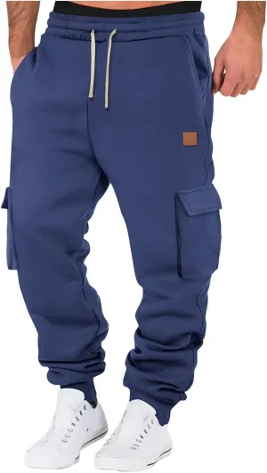 Mens Fleece Sweatpants Baggy Cargo Sweatpants with Pockets Elastic Waist Drawstring Joggers Trousers