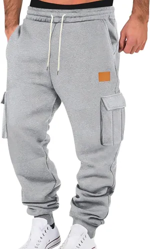 Mens Fleece Sweatpants Baggy Cargo Sweatpants with Pockets Elastic Waist Drawstring Joggers Trousers