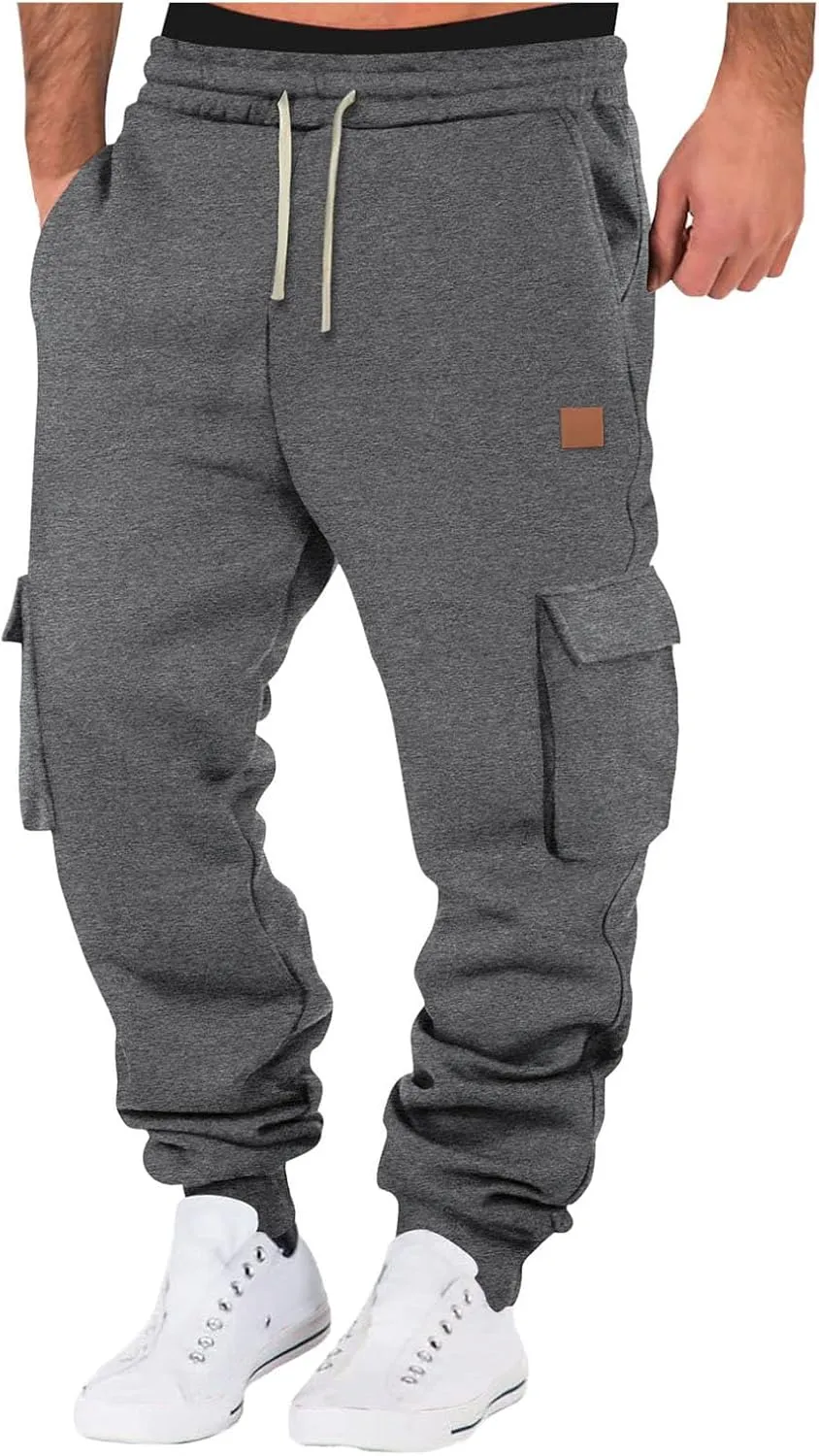 Mens Fleece Sweatpants Baggy Cargo Sweatpants with Pockets Elastic Waist Drawstring Joggers Trousers