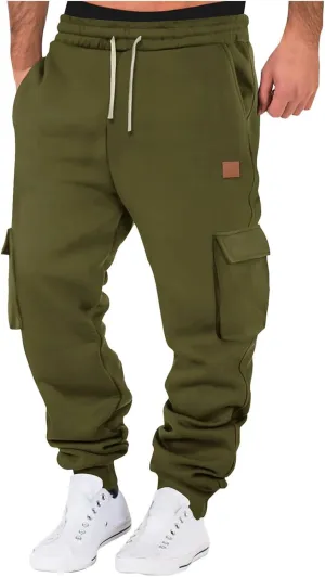 Mens Fleece Sweatpants Baggy Cargo Sweatpants with Pockets Elastic Waist Drawstring Joggers Trousers