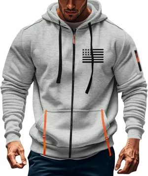 Mens Full Zip American Flag Print Hoodie Army Long Sleeve Drawstring Shirt Soft Patriotic Sweatshirt with Pockets