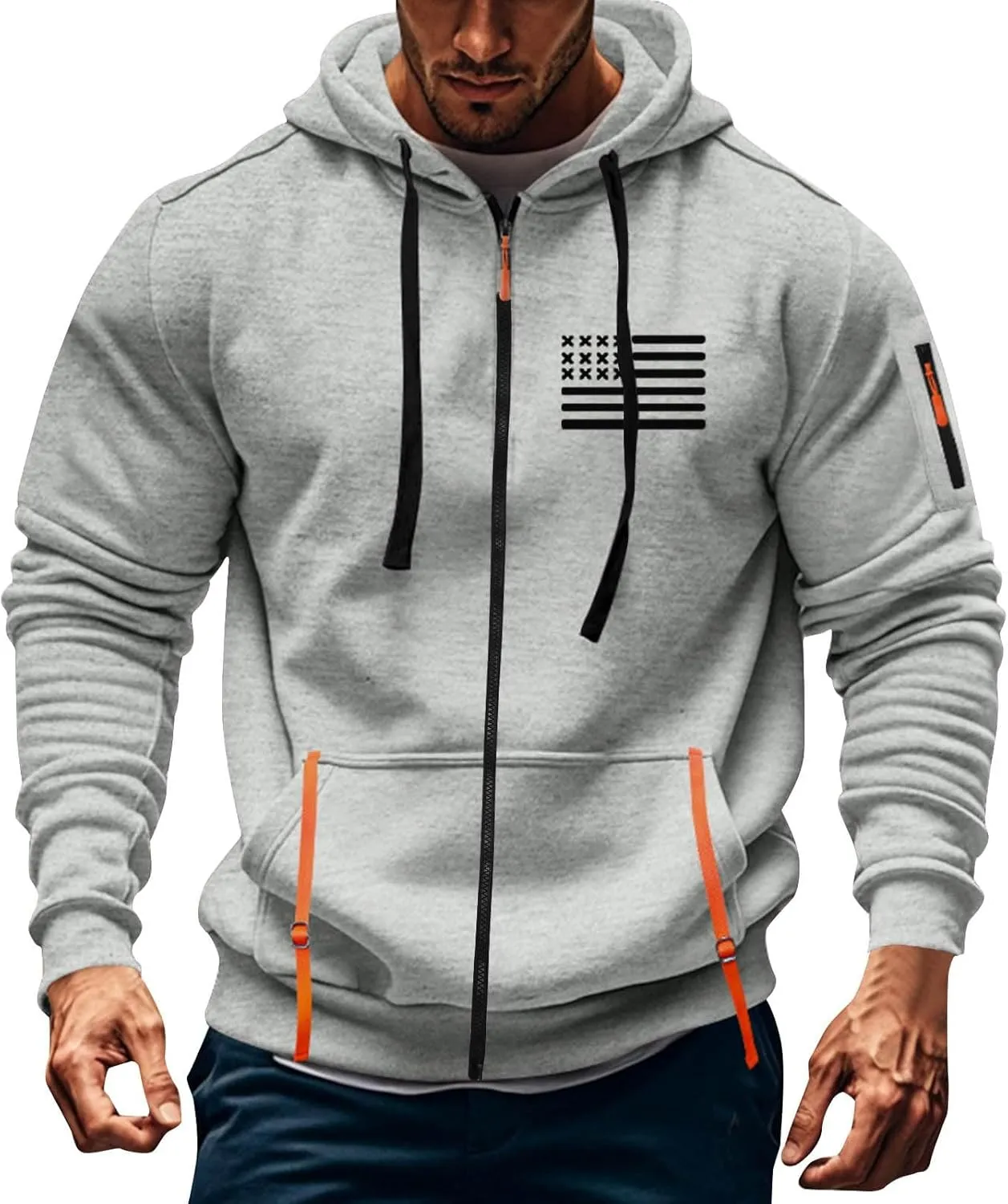 Mens Full Zip American Flag Print Hoodie Army Long Sleeve Drawstring Shirt Soft Patriotic Sweatshirt with Pockets