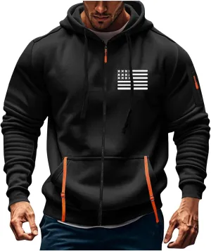 Mens Full Zip American Flag Print Hoodie Army Long Sleeve Drawstring Shirt Soft Patriotic Sweatshirt with Pockets