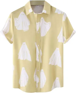 Men's Ghost Printed Button Down Shirts Funny Halloween Short Sleeve Dress Shirt Casual Loose Holiday Beach Party Tops