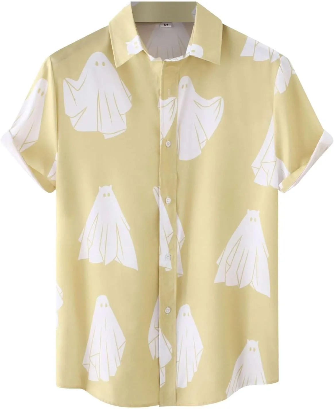 Men's Ghost Printed Button Down Shirts Funny Halloween Short Sleeve Dress Shirt Casual Loose Holiday Beach Party Tops