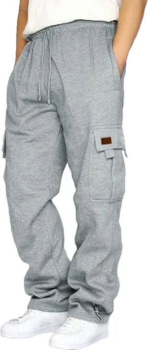 Men's Heavyweight Fleece Cargo Sweatpants Baggy Sweat Pants with Pockets Elastic Waist Drawstring Joggers Trousers