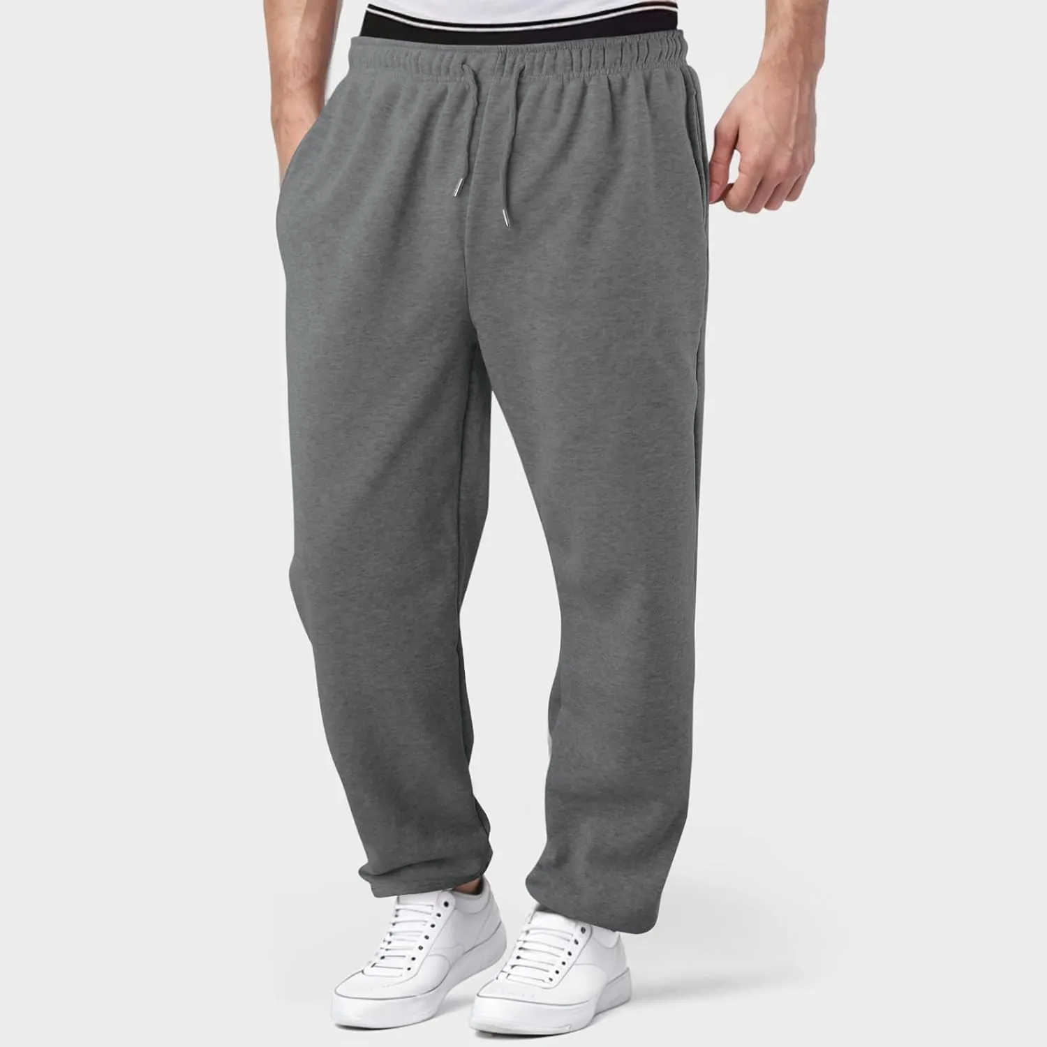 Men's Heavyweight Fleece Cargo Sweatpants Baggy Sweat Pants with Pockets Elastic Waist Drawstring Joggers Trousers