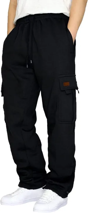 Men's Heavyweight Fleece Cargo Sweatpants Baggy Sweat Pants with Pockets Elastic Waist Drawstring Joggers Trousers