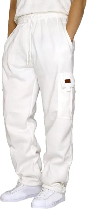 Men's Heavyweight Fleece Cargo Sweatpants Baggy Sweat Pants with Pockets Elastic Waist Drawstring Joggers Trousers
