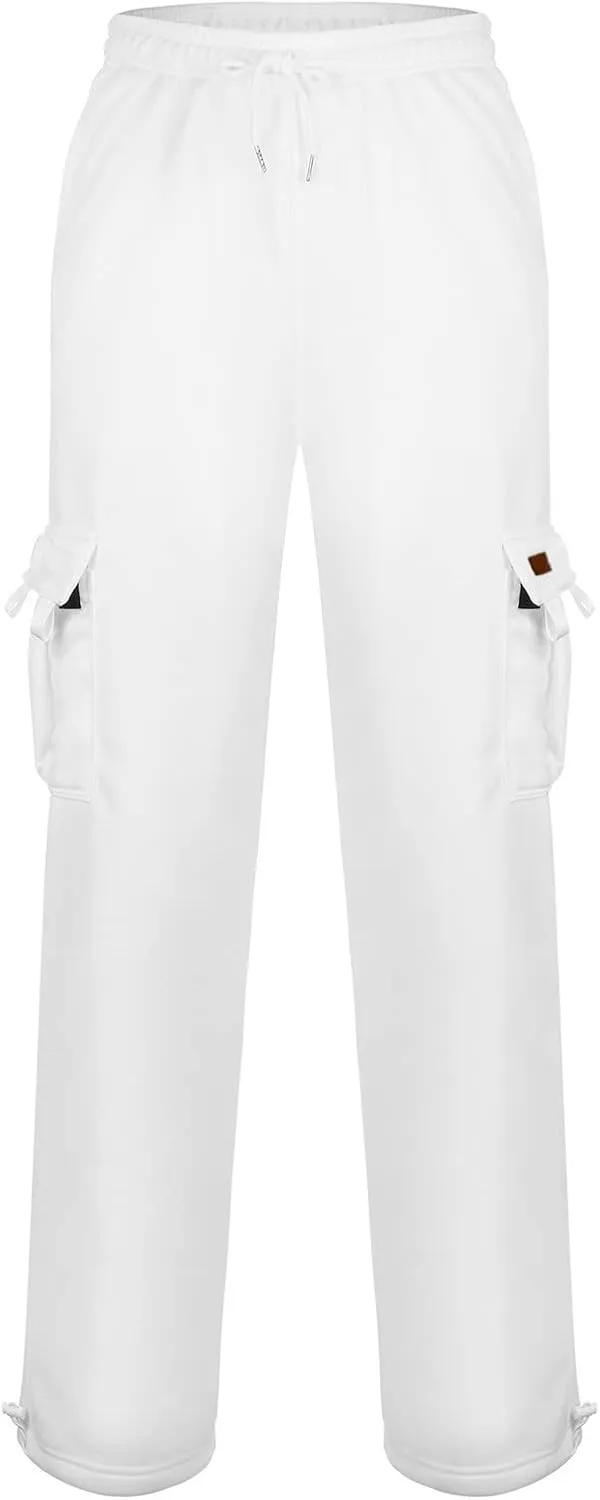 Men's Heavyweight Fleece Cargo Sweatpants Baggy Sweat Pants with Pockets Elastic Waist Drawstring Joggers Trousers