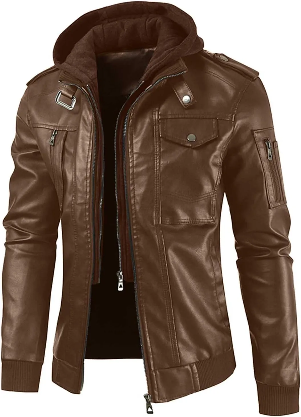 Men's Hooded Leather Coats Fall Winter Motorcycle PU Leather Jackets with Hood, Casual Stylish Zip Up Outerwear