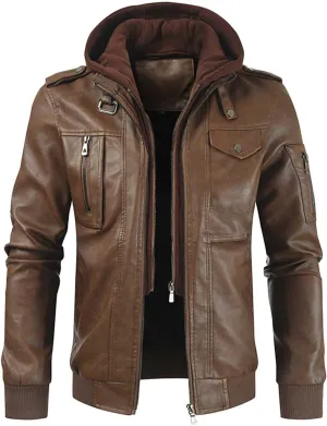 Men's Hooded Leather Coats Fall Winter Motorcycle PU Leather Jackets with Hood, Casual Stylish Zip Up Outerwear