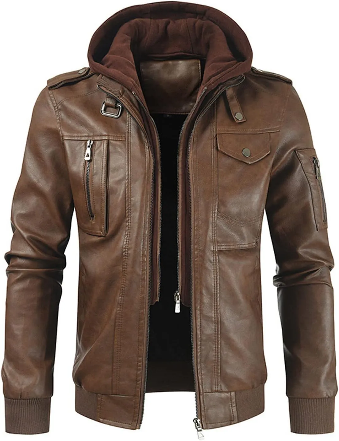 Men's Hooded Leather Coats Fall Winter Motorcycle PU Leather Jackets with Hood, Casual Stylish Zip Up Outerwear