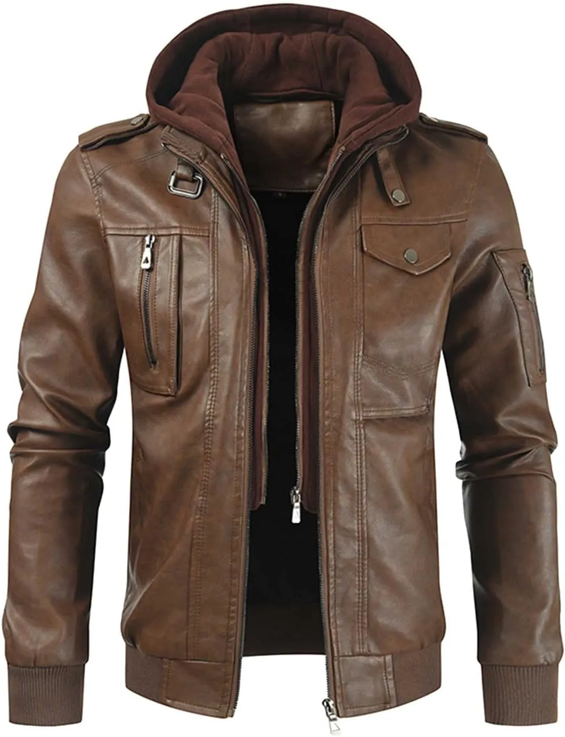 Men's Hooded Leather Coats Fall Winter Motorcycle PU Leather Jackets with Hood, Casual Stylish Zip Up Outerwear